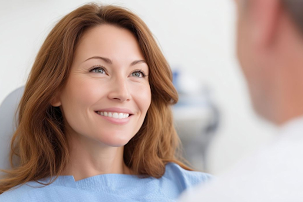 Adult patient discussing long-term care for implant-supported teeth with a dental professional in Kingston.