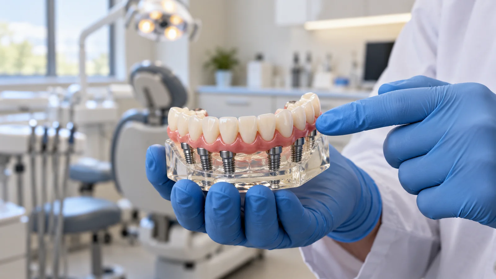 Full-arch implant restoration model showing the shape, colour and arrangement of replacement teeth.